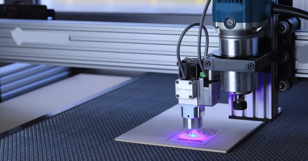 Close-up of a laser cutting machine engraving a design on metal using advanced technology.